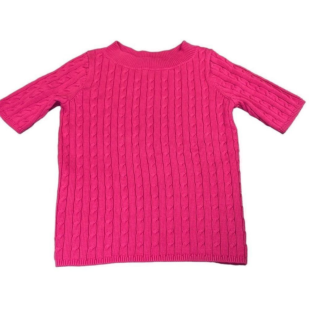 Talbots Sweater Cable Knit Short Sleeve Pink Fuchsia Crew Neck Medium Petite